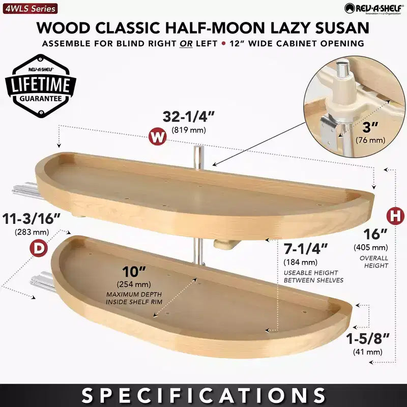 Lazy Susan a mezzaluna in legno d'acero naturale a 2 ripiani per mobili ad angolo cieco – 1 unità