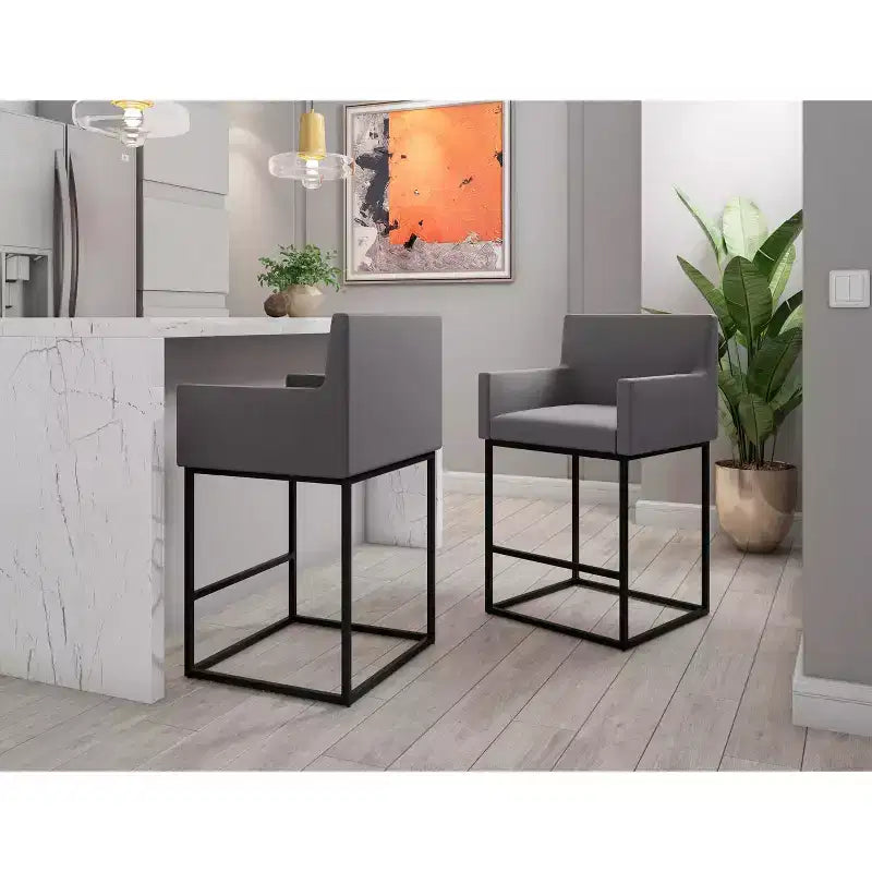 Sgabello da bar altezza bancone in metallo crema/grigio, schienale quadrato, 1 posto a sedere